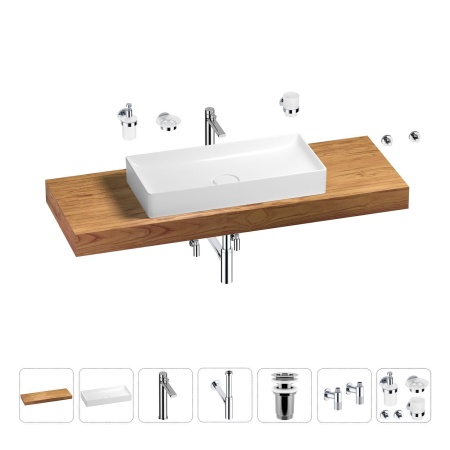 Раковина 75 см со столешницей 140 см Wellsee Pure BY Wellsee 201011836 в наборе 10 в 1: столешница, раковина, высокий смеситель, сифон, выпуск, кран-вентили, аксессуары (цвет хром)