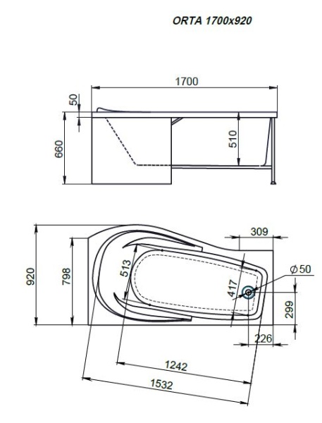 Ванна ALEX BAITLER™ ORTA L 170*92 пустая