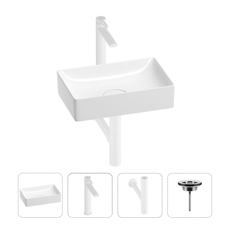 Раковина для ванной Wellsee Pure BY Wellsee 201002560 в наборе 4 в 1: раковина белого глянцевого цвета, высокий смеситель, сифон, выпуск (цвет набора матовый белый)