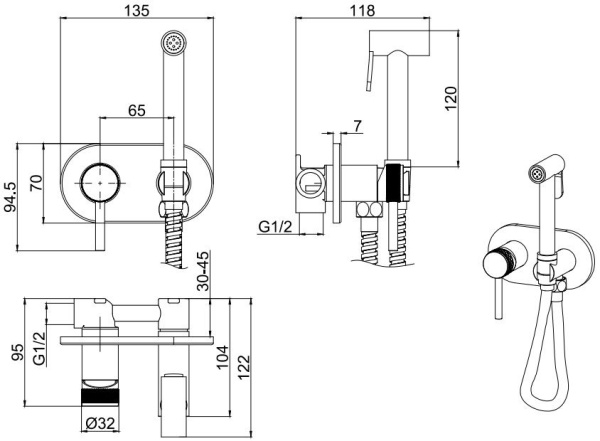 Смеситель с гигиеническим душем Allen Brau Priority 5.31005-31 (с внутренней частью) черный матовый