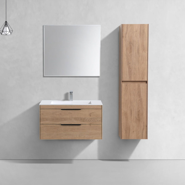 Тумба Vincea Chiara 2D 800 подвесная, 2 выкатных ящика soft-close, N.Oak с умывальником VCB-13800W из искусственного камня, цвет белый