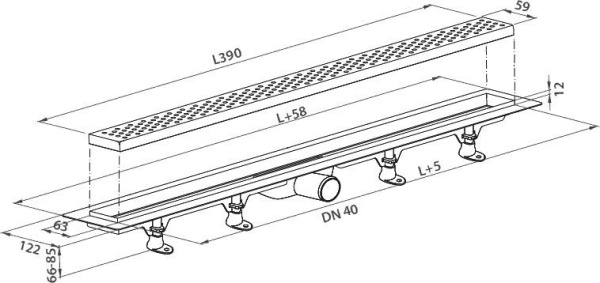 Пластиковый сливной канал PlastBrno Design 5 SZE5391 с решеткой и рамкой из нержавеющей стали 5, L=390 мм, сухой затвор