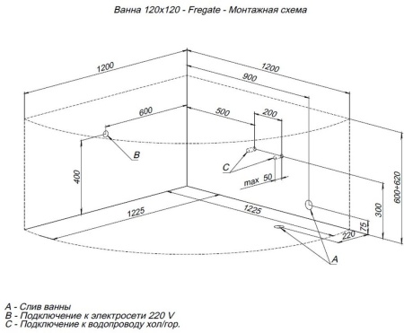 Акриловая ванна Aquanet Fregate 120x120 (с каркасом)