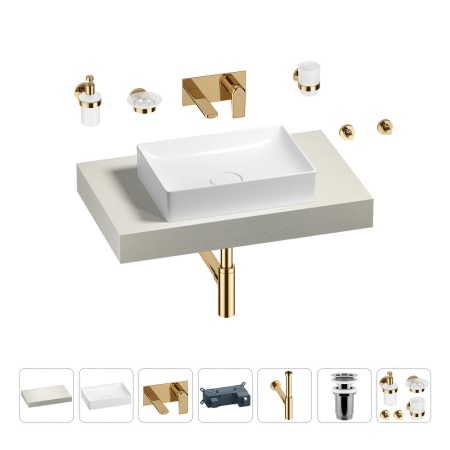 Раковина 50 см со столешницей 80 см Wellsee Pure BY Wellsee 201011083 в наборе 9 в 1: столешница, раковина, встраиваемый смеситель, сифон, выпуск, аксессуары (цвет набора золото)