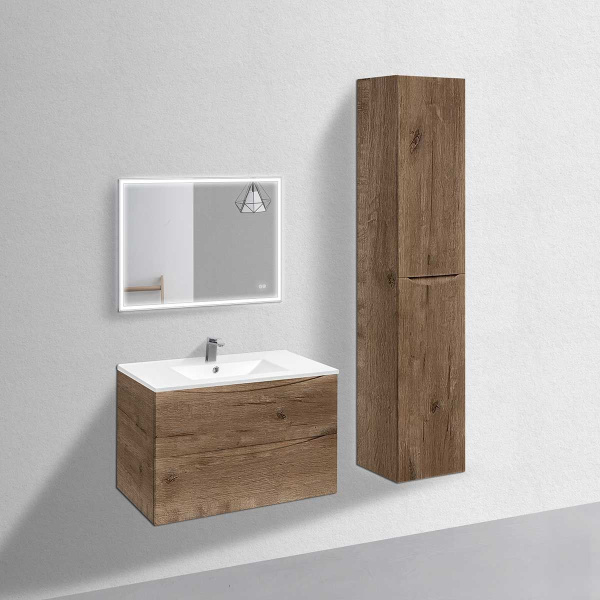 Тумба Vincea Mia 900 подвесная, 2 выкатных ящика soft close, V.Oak с умывальником VBS-13990 керамическая, цвет белый