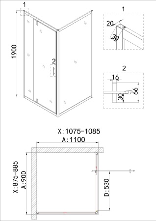 Душевое ограждение Niagara Nova NG-43-9AG-A110G 90x110x190 прямоугольник, дверь распашная
