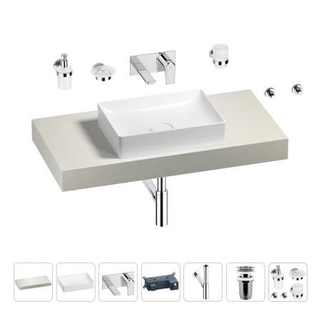 Раковина 50 см со столешницей 100 см Wellsee Pure BY Wellsee 201011201 в наборе 9 в 1: столешница, раковина, встраиваемый смеситель, сифон, выпуск, аксессуары (цвет набора хром)