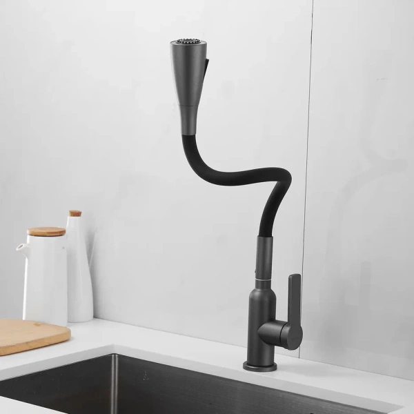 Смеситель для кухни с гибким изливом Shevanik S843T-3, оружейная сталь/черный