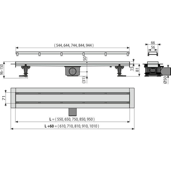 Водоотводящий желоб Alcaplast Fit&Go с двухсторонней решеткой DOUBLE APZ13-DOUBLE9-550