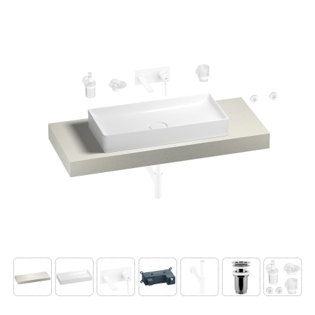Раковина 75 см со столешницей 120 см Wellsee Pure BY Wellsee 201011690 в наборе 9 в 1: столешница, раковина, встраиваемый смеситель, сифон, выпуск, аксессуары (цвет набора матовый белый)