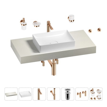 Раковина 50 см со столешницей 100 см Wellsee Pure BY Wellsee 201011199 в наборе 10 в 1: столешница, раковина, высокий смеситель, сифон, выпуск, кран-вентили, аксессуары (цвет розовое золото)