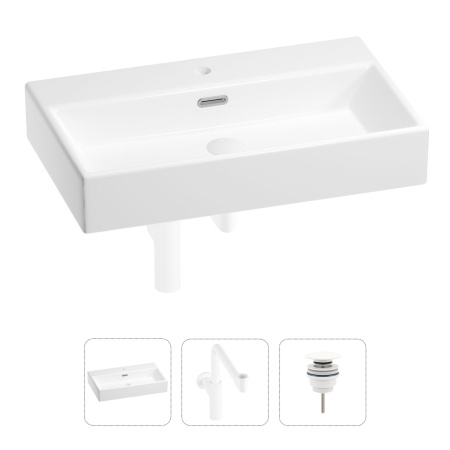 Раковина для ванной Wellsee Graceful Pro 201001375 в наборе 3 в 1: прямоугольная раковина белого глянцевого цвета, сифон, донный клапан в цвете матовый белый