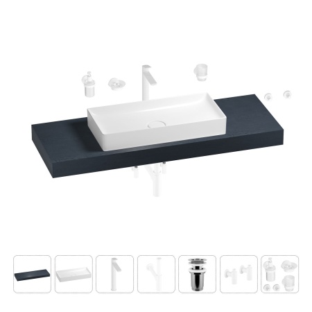 Раковина 75 см со столешницей 140 см Wellsee Pure BY Wellsee 201011815 в наборе 10 в 1: столешница, раковина, высокий смеситель, сифон, выпуск, кран-вентили, аксессуары (цвет матовый белый)
