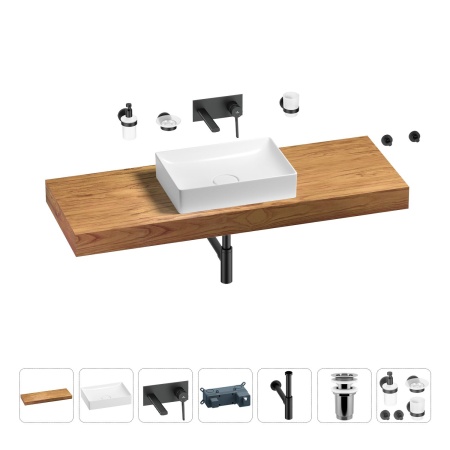 Раковина 50 см со столешницей 140 см Wellsee Pure BY Wellsee 201011487 в наборе 9 в 1: столешница, раковина, встраиваемый смеситель, сифон, выпуск, аксессуары (цвет набора матовый черный)
