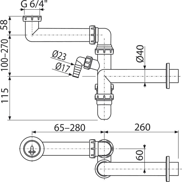 Сифон для мойки Alcaplast со штуцером и накидной гайкой A872P
