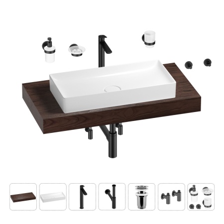 Раковина 75 см со столешницей 100 см Wellsee Pure BY Wellsee 201011612 в наборе 10 в 1: столешница, раковина, высокий смеситель, сифон, выпуск, кран-вентили, аксессуары (цвет матовый черный)