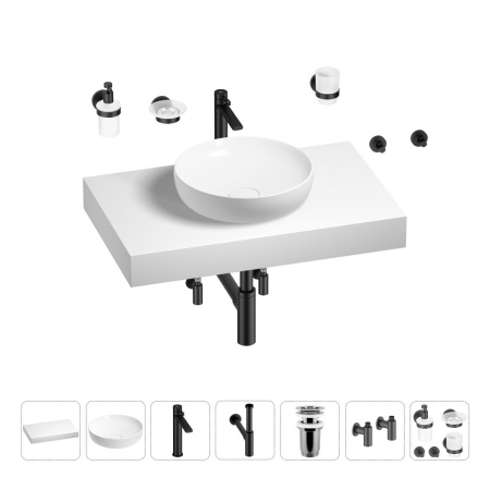 Раковина 42 см со столешницей 80 см Wellsee Chalice Perfection 201010077 в наборе 10 в 1: столешница, раковина, высокий смеситель, сифон, выпуск, кран-вентили, аксессуары (цвет матовый черный)