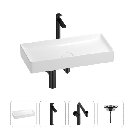 Раковина для ванной Wellsee Pure BY Wellsee 201002782 в наборе 4 в 1: раковина белого глянцевого цвета, высокий смеситель, сифон, выпуск (цвет набора матовый черный)