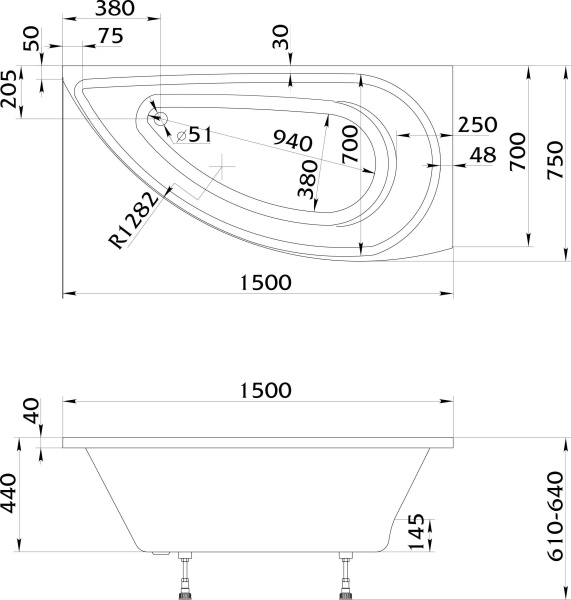 Акриловая ванна STWORKI Лунд R 150x75 см, угловая, правая, пристенная, белая, асимметричная, с каркасом