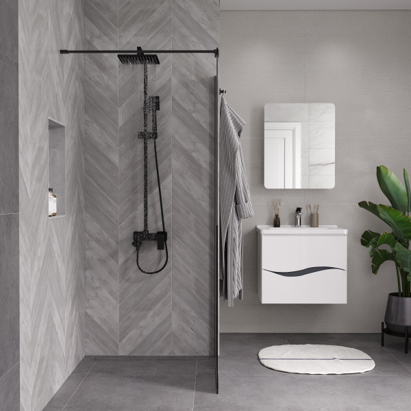 Душевая перегородка ограждение Reflexion RX20090CBL-14 Walk in 200x90см прозрачное закаленное стекло 8мм черный профиль