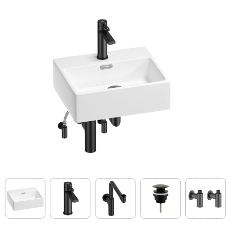 Раковина для ванной Wellsee Graceful Pro 201004572 в наборе 5 в 1: раковина белого глянцевого цвета, смеситель, сифон, донный клапан, угловые вентили (цвет набора матовый черный)