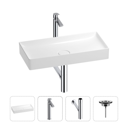 Раковина для ванной Wellsee Pure BY Wellsee 201002741 в наборе 4 в 1: раковина белого глянцевого цвета, высокий смеситель, сифон, выпуск (цвет набора хром)