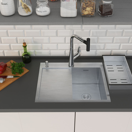 Кухонная мойка Roxen Vespa 60х50 правая, с коландером и дозатором, сатин 560230-60R