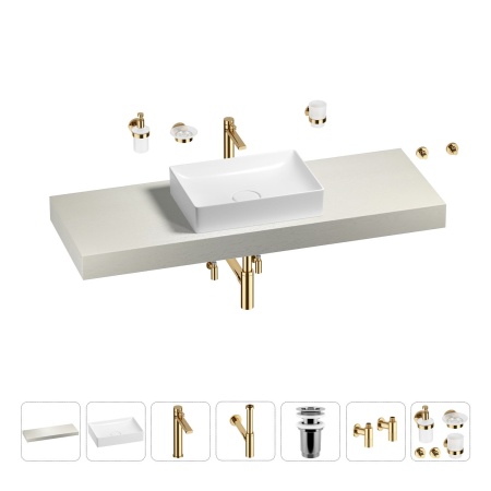 Раковина 50 см со столешницей 140 см Wellsee Pure BY Wellsee 201011438 в наборе 10 в 1: столешница, раковина, высокий смеситель, сифон, выпуск, кран-вентили, аксессуары (цвет золото)
