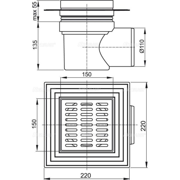 Сливной трап Alcaplast 150х150/110 подводка - боковая решетка - нерж.сталь воротник - 2-х уровневая APV12