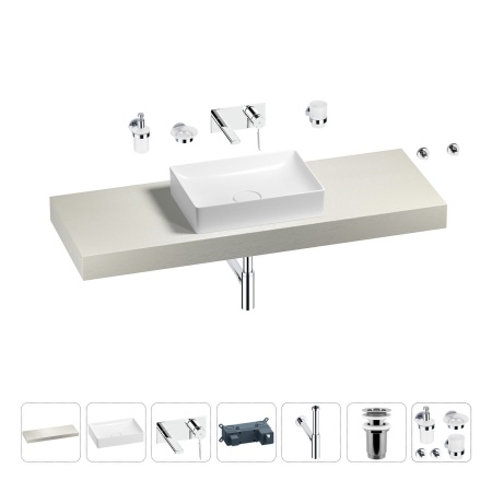 Раковина 50 см со столешницей 140 см Wellsee Pure BY Wellsee 201011446 в наборе 9 в 1: столешница, раковина, встраиваемый смеситель, сифон, выпуск, аксессуары (цвет набора хром)