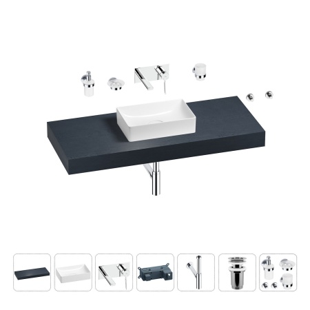 Раковина 42 см со столешницей 120 см Wellsee Pure BY Wellsee 201010916 в наборе 9 в 1: столешница, раковина, встраиваемый смеситель, сифон, выпуск, аксессуары (цвет набора хром)