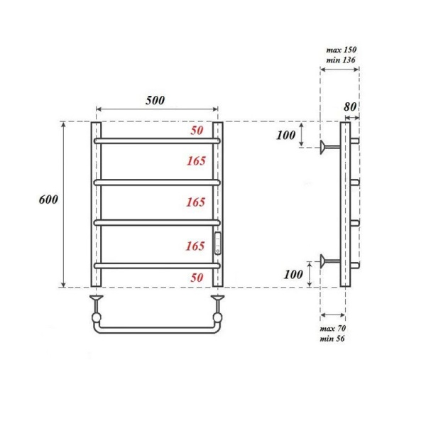 Полотенцесушитель электрический Point PN08856 П4 500x600 диммер справа, хром