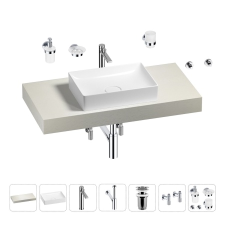 Раковина 50 см со столешницей 100 см Wellsee Pure BY Wellsee 201011196 в наборе 10 в 1: столешница, раковина, высокий смеситель, сифон, выпуск, кран-вентили, аксессуары (цвет хром)