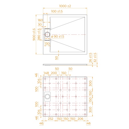 Душевой поддон прямоугольный RGW TUS-W Белый, 900x1000