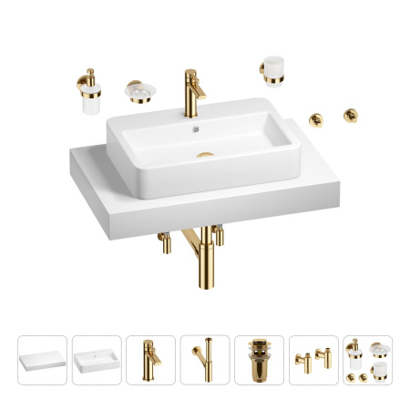 Раковина 60 см со столешницей 80 см Wellsee Halcyon 201011958 в наборе 10 в 1: столешница, раковина, смеситель, сифон, донный клапан, угловые вентили, аксессуары (цвет золото)