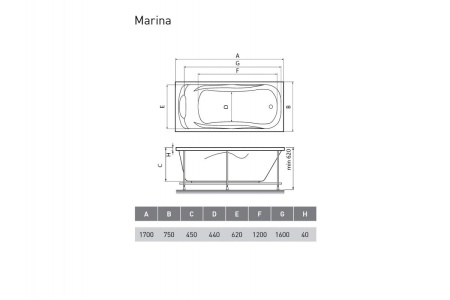 Ванна акриловая Relisan MARINA Гл000008874, 170x75