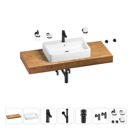 Раковина 60 см со столешницей 120 см Wellsee Halcyon 201012057 в наборе 10 в 1: столешница, раковина, смеситель, сифон, донный клапан, угловые вентили, аксессуары (цвет матовый черный)