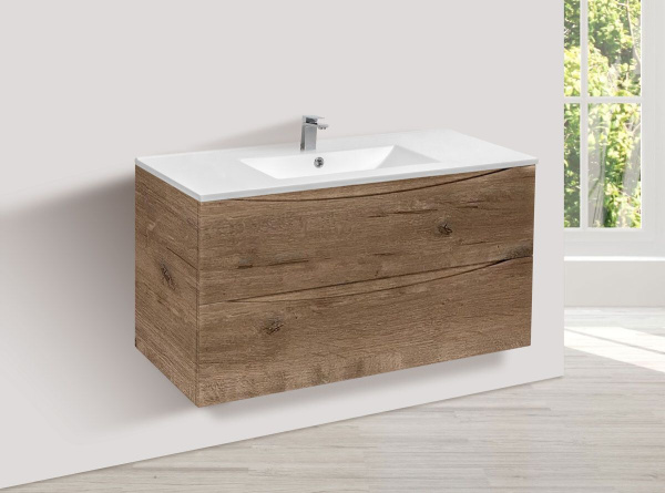 Тумба Vincea Mia 1000 подвесная, 2 выкатных ящика soft close, V.Oak с умывальником VBS-13100 керамическая, цвет белый