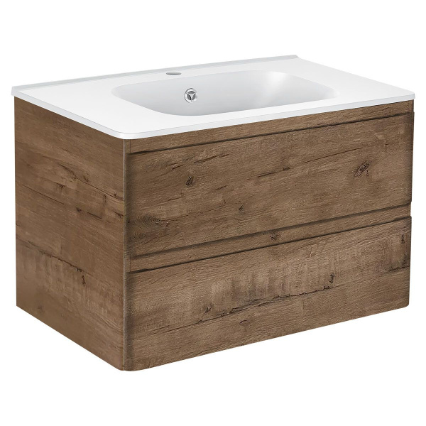 Тумба Vincea Vico 800 подвесная, 2 выкатных ящика soft close, V.Oak с умывальником VCB-2VP800W из искусственного камня, цвет белый