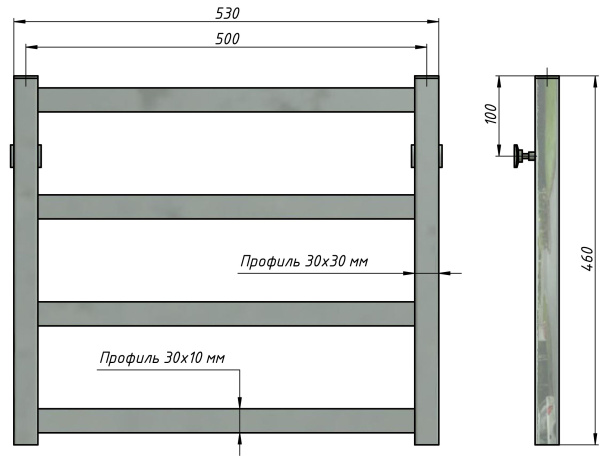 Полотенцесушитель водяной Stinox Prestige 500x500, нижнее подключение, хром, 1/2" ВР (внутренняя резьба), 4 перекладины