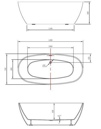 Ванна акриловая Vincea VBT-405-1500, 1500*750*580, цвет белый, щелевой перелив