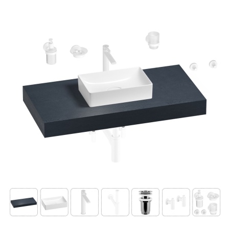 Раковина 42 см со столешницей 100 см Wellsee Pure BY Wellsee 201010820 в наборе 10 в 1: столешница, раковина, высокий смеситель, сифон, выпуск, кран-вентили, аксессуары (цвет матовый белый)