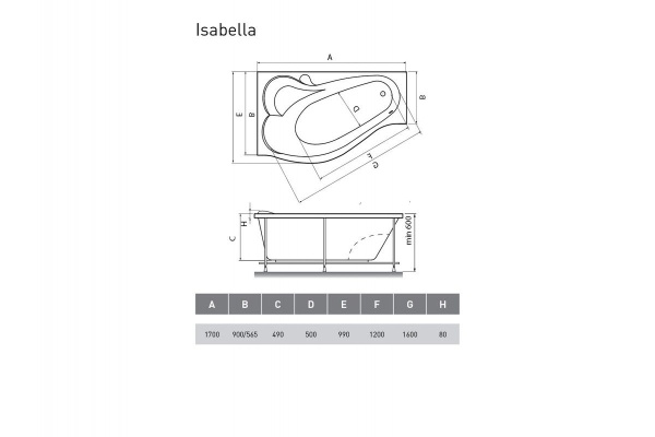 Ванна акриловая левосторонняя Relisan ISABELLA Гл000010529, 170x90
