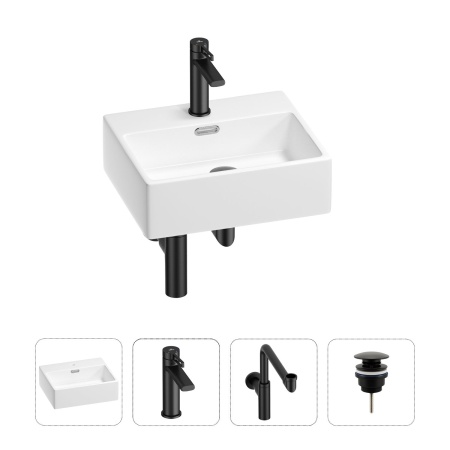 Раковина для ванной Wellsee Graceful Pro 201002897 в наборе 4 в 1: раковина белого глянцевого цвета, смеситель, сифон, донный клапан (цвет набора матовый черный)