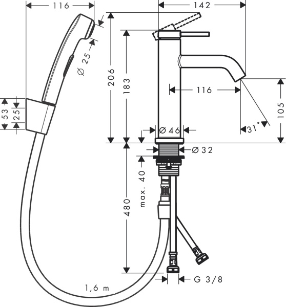 Смеситель для раковины Hansgrohe Tecturis S 73211670 черный матовый 73211670