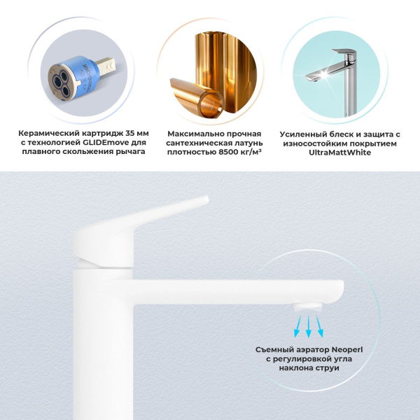 Смеситель для раковины (умывальника) Wellsee ICON! for life 182305000, латунный, однорычажный, высота/длина излива 112/130 мм (цвет матовый белый)