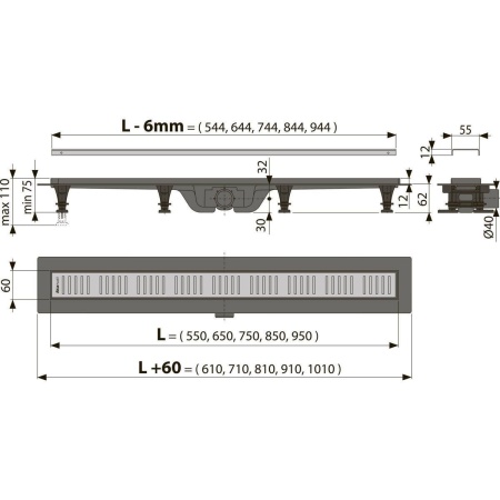 Водоотводящий желоб с порогами для перфорированной решетки Alcaplast Simple APZ10-950M
