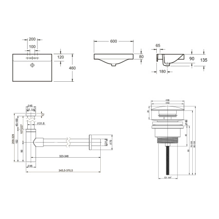 Комплект 3 в 1 Lavinia Boho Bathroom Sink 21520583: врезная фарфоровая раковина 60 см, металлический сифон, донный клапан