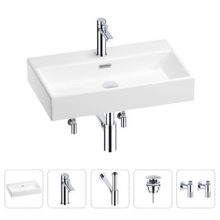 Раковина для ванной Wellsee Graceful Pro 201004631 в наборе 5 в 1: раковина белого глянцевого цвета, смеситель, сифон, донный клапан, угловые вентили (цвет набора хром)