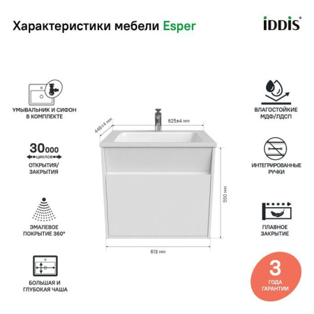 Тумба с умывальником IDDIS подвесная с ящиками белая Esper 60 см ESP60W0i95K